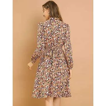 Allegra K Women's Tie Neck Dresses Chiffon Long Sleeve Belted Vintage Floral Dress Medium Yellow