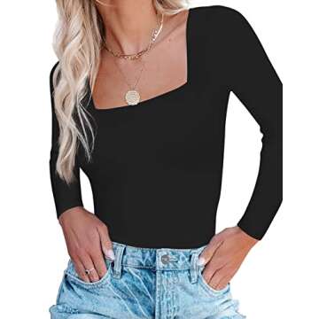 SAUNGKUAI Women's Long Sleeve Square Neck Thong Bodysuit for Going Out Winter Body Suit Tops Black Small
