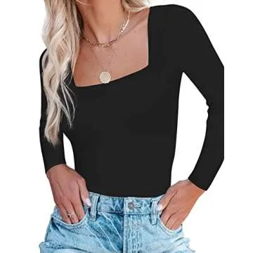 SAUNGKUAI Women's Long Sleeve Square Neck Thong Bodysuit for Going Out Winter Body Suit Tops Black Small