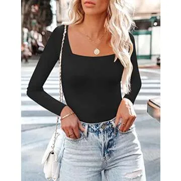 SAUNGKUAI Women's Long Sleeve Square Neck Thong Bodysuit for Going Out Winter Body Suit Tops Black Small