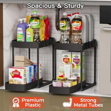 ukeetap 2 Pack Multi-Purpose Pull-Out Storage Organizers, Under Sink Organizers and Storage for Bathroom & Kitchen, Under Cabinet Organizers and storage, 12.8 Inch, Black