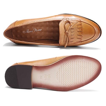 Mona flying Women's Leather Tassel Loafer Dress Casual Slip on Flat Office Work Shoes for Ladies Brown