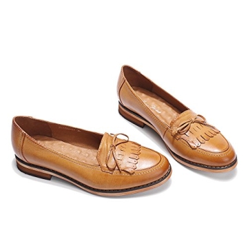 Mona flying Women's Leather Tassel Loafer Dress Casual Slip on Flat Office Work Shoes for Ladies Brown