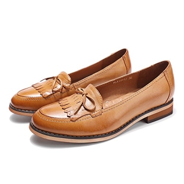 Mona flying Women's Leather Tassel Loafer Dress Casual Slip on Flat Office Work Shoes for Ladies Brown