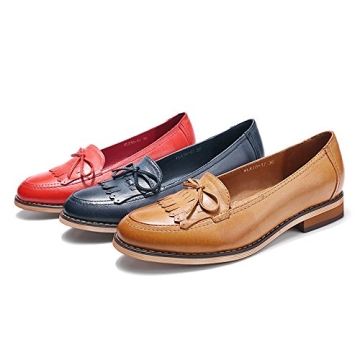 Mona flying Women's Leather Tassel Loafer Dress Casual Slip on Flat Office Work Shoes for Ladies Brown