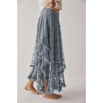 R.Vivimos Women Lace Long Skirts Summer Elastic Asymmetrical Layered Hem Sexy See-Through Beach Flor...