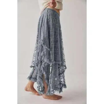 R.Vivimos Women Lace Long Skirts Summer Elastic Asymmetrical Layered Hem Sexy See-Through Beach Flor...