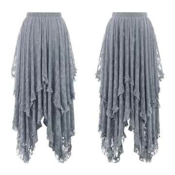 R.Vivimos Women Lace Long Skirts Summer Elastic Asymmetrical Layered Hem Sexy See-Through Beach Floral Maxi Skirts (Small, Grey)