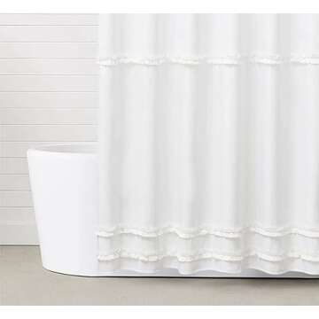 YmarisisiY White Stripe Ruffle White Shower Curtain，White Handmade Ruffle Shower Curtain Shabby Chic Farmhouse Style Bathroom Decor, Waterproof and Easy Care, 72" W x 72" H