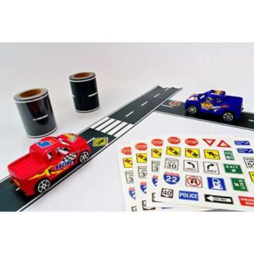 Fun Road Tape for Toy Cars, 2 Rolls of 33’x2.4”, Bonus 100 Die Cut Traffic Sign Stickers and 4 Curves, Perfect to Keep Your Kids Away from Screens, Develop Their Imagination and Memory, Play and Learn