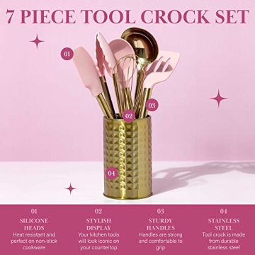 Paris Hilton Kitchen Set Tool Crock with Silicone Cooking Utensils, Stainless Steel Whisk and Ladle, 7-Piece, Pink and Gold