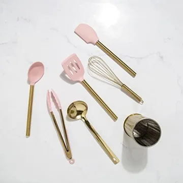 Paris Hilton Kitchen Set Tool Crock with Silicone Cooking Utensils, Stainless Steel Whisk and Ladle, 7-Piece, Pink and Gold