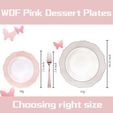 WDF 60pcs Pink Dessert Plates - 7.5inch Baroque Pink &Gold Disposable Dessert/Salad Plates for Upsca...