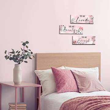 Yookeer 3 Pcs Floral Wooden Hanging Wall Art Inspirational Quotes You Are Beautiful Room Picture Decor Thank you Birthday Women Gift Teacher Assistant(4 x 11 Inch,Pink)