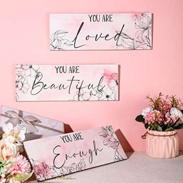 Yookeer 3 Pcs Floral Wooden Hanging Wall Art Inspirational Quotes You Are Beautiful Room Picture Decor Thank you Birthday Women Gift Teacher Assistant(4 x 11 Inch,Pink)