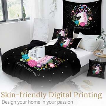 Sleepwish Unicorn Twin Comforter Cover for Girls Unicorn Floral Bedding Set Black Unicorn Bed Set Cartoon Pink Unicorn Bedspreads 3 Piece Cute Unicorn Duvet Cover for Kids Teenage Gifts (Twin Size)