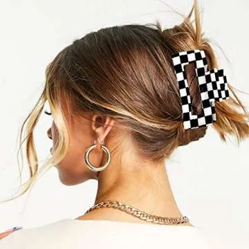Furitou 2 Pack Checkered Hair Clip Hair Claw Clips Banana Barrettes Black and White Hair Clips ​Strong Hold Large Hair Accessories for Women