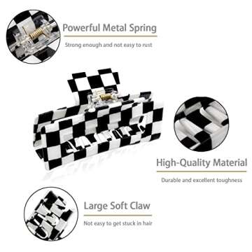 Furitou 2 Pack Checkered Hair Clip Hair Claw Clips Banana Barrettes Black and White Hair Clips ​Strong Hold Large Hair Accessories for Women