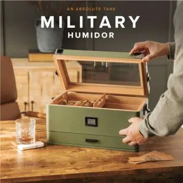 Case Elegance Military Glass Top Humidor, Matte Green with Front Digital Hygrometer, Spanish Cedar, Humidor Solution, Hydro System, and Accessory Foam Drawer - Holds (70-100 Cigars) by Klaro