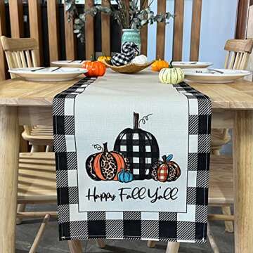 WHOMEAF Happy Fall Y'all Burlap Table Runner Buffalo Check Plaid Pumpkin Farmhouse Table Runners Aut...