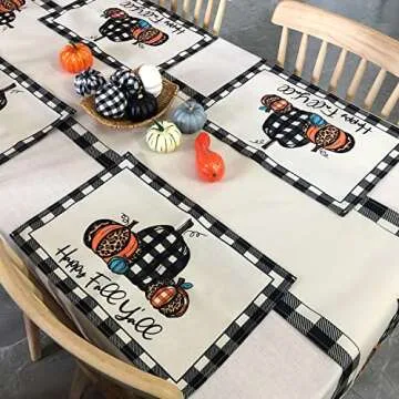 WHOMEAF Happy Fall Y'all Burlap Table Runner Buffalo Check Plaid Pumpkin Farmhouse Table Runners Autumn Seasonal Table Center Decor for Home Kitchen Dining Party Holidays Wedding in/Outdoor(13x72in)