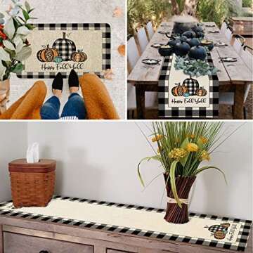 WHOMEAF Happy Fall Y'all Burlap Table Runner Buffalo Check Plaid Pumpkin Farmhouse Table Runners Autumn Seasonal Table Center Decor for Home Kitchen Dining Party Holidays Wedding in/Outdoor(13x72in)