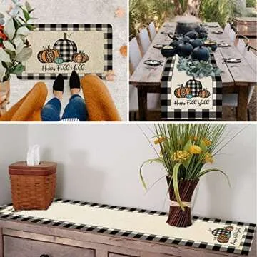 WHOMEAF Happy Fall Y'all Burlap Table Runner Buffalo Check Plaid Pumpkin Farmhouse Table Runners Autumn Seasonal Table Center Decor for Home Kitchen Dining Party Holidays Wedding in/Outdoor(13x72in)