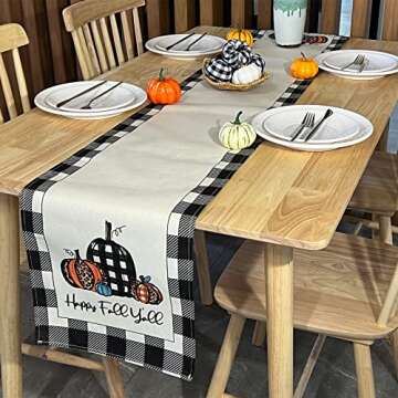 WHOMEAF Happy Fall Y'all Burlap Table Runner Buffalo Check Plaid Pumpkin Farmhouse Table Runners Autumn Seasonal Table Center Decor for Home Kitchen Dining Party Holidays Wedding in/Outdoor(13x72in)