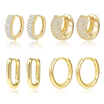 ALEXCRAFT Small Gold Hoop Earrings 4 Pairs 14k Gold Plated Hoop Earrings Cubic Zirconia Hoop Earring...