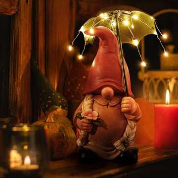 WONDHOME Garden Gnome Statues Outdoor Decoration Patio Yard Lawn Solar Gnomes Lady with Umbrella Lig...