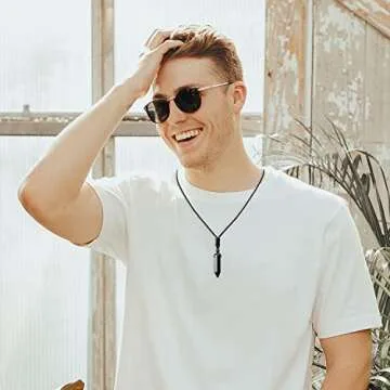 TIKCAUZ Hexagonal Crystal Points Pendant Necklace Black Obsidian Healing Stone Necklace Adjustable Rope Reiki Gemstone Necklace Handmade Jewelry for Men Women