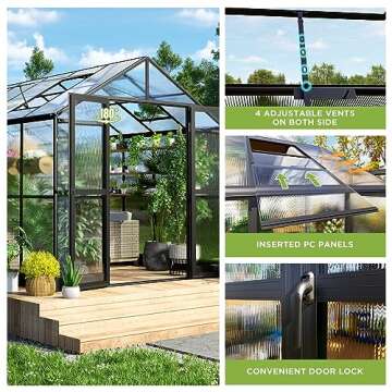 HOWE 8x12x7.5 FT Polycarbonate Greenhouse Double Swing Doors 4 Vents 5.2FT Added Wall Height, Walk-in Large Aluminum Greenhouse Sunroom Winter Greenhouse for Outdoors, Black