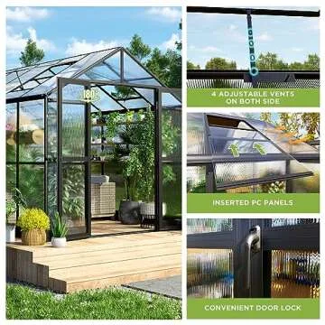 HOWE 8x12x7.5 FT Polycarbonate Greenhouse Double Swing Doors 4 Vents 5.2FT Added Wall Height, Walk-in Large Aluminum Greenhouse Sunroom Winter Greenhouse for Outdoors, Black