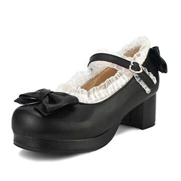 100FIXEO Womens Platform Mary Jane Shoes Ankle Strap Kawaii Block Mid Thick Heel Pumps with Bow and Lace (Black, 8)