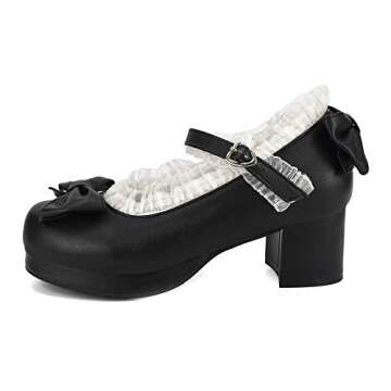 100FIXEO Womens Platform Mary Jane Shoes Ankle Strap Kawaii Block Mid Thick Heel Pumps with Bow and Lace (Black, 8)