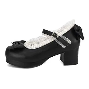 100FIXEO Womens Platform Mary Jane Shoes Ankle Strap Kawaii Block Mid Thick Heel Pumps with Bow and Lace (Black, 8)