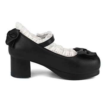100FIXEO Womens Platform Mary Jane Shoes Ankle Strap Kawaii Block Mid Thick Heel Pumps with Bow and Lace (Black, 8)