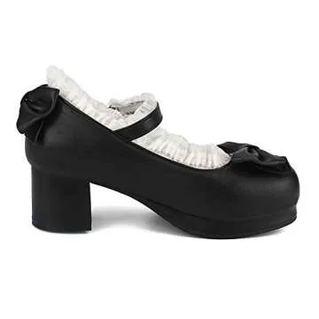 100FIXEO Womens Platform Mary Jane Shoes Ankle Strap Kawaii Block Mid Thick Heel Pumps with Bow and Lace (Black, 8)