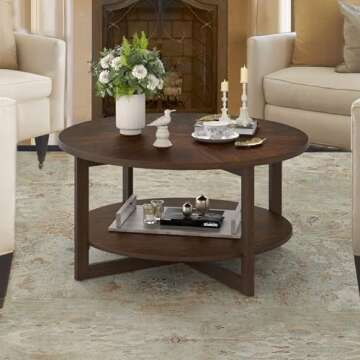 Cozyman Round Coffee Table with 2-Tier Storage Shelf