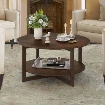 Cozyman Round Coffee Table with 2-Tier Storage Shelf