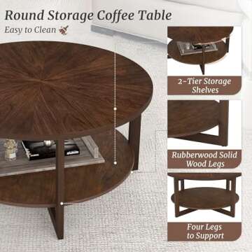 Cozyman Round Coffee Table with 2-Tier Storage Shelf