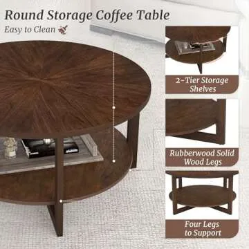 Cozyman Round Coffee Table with 2-Tier Storage Shelf