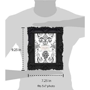 Laura Ashley 5x7 Black Ornate Textured Hand-Crafted Resin Picture Frame with Easel & Hook for Tabletop & Wall Display, Decorative Floral Design Home Décor, Photo Gallery, Art, More (5x7, Black)