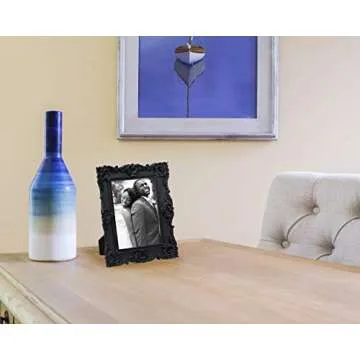 Laura Ashley 5x7 Black Ornate Textured Hand-Crafted Resin Picture Frame with Easel & Hook for Tabletop & Wall Display, Decorative Floral Design Home Décor, Photo Gallery, Art, More (5x7, Black)