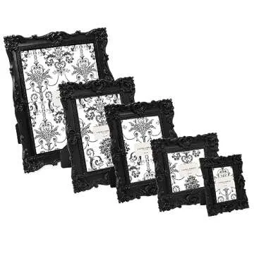 Laura Ashley 5x7 Black Ornate Textured Hand-Crafted Resin Picture Frame with Easel & Hook for Tabletop & Wall Display, Decorative Floral Design Home Décor, Photo Gallery, Art, More (5x7, Black)