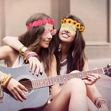 Wrestler 12 Pieces Hippie Costume Set 70s 60s Accessories for Women Hippie Headband Glasses Includes 6 Pieces Multicolor Lady Daisy Flower Crown 6 Pieces Round Hippie Sunglasses for Disco Halloween