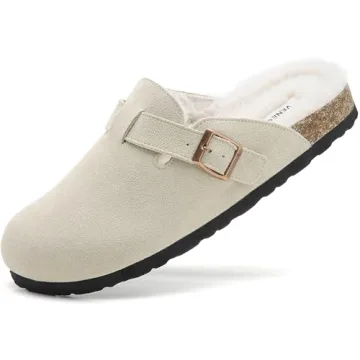 VENECORE Erica Women's Cork Footbed Clogs - Soft Suede & Faux Fur Comfort