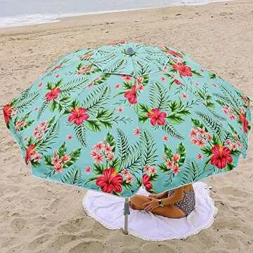 Beach and Grass Umbrella with Matching Travel Carrying Bag - Large 7 Feet 5 Inches Tilting Telescopic Aluminum Pole - Twist Sand/Grass Anchor - Wind Air Vent - Fiberglass Ribs (Floral Hibiscus)