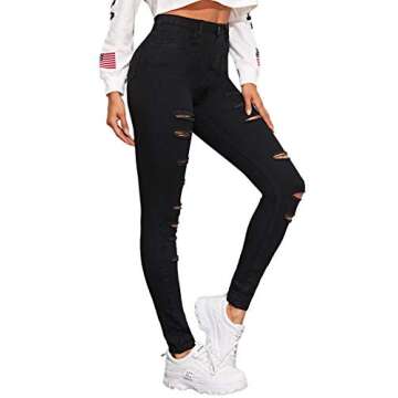 SweatyRocks Women's Hight Waisted Stretch Ripped Skinny Jeans Distressed Denim Pants Black-5 M