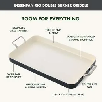 GreenPan 18" x 11" Double Burner Griddle Pan, Hard Anodized Healthy Ceramic Nonstick PFAS-Free, Stainless Steel Handles, Stovetop Cooking, Dishwasher Safe, Oven & Broiler Safe Cookware, Black